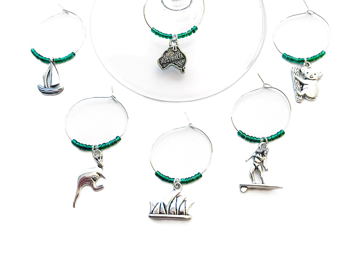 Australia wine charms set of 6 with green beads