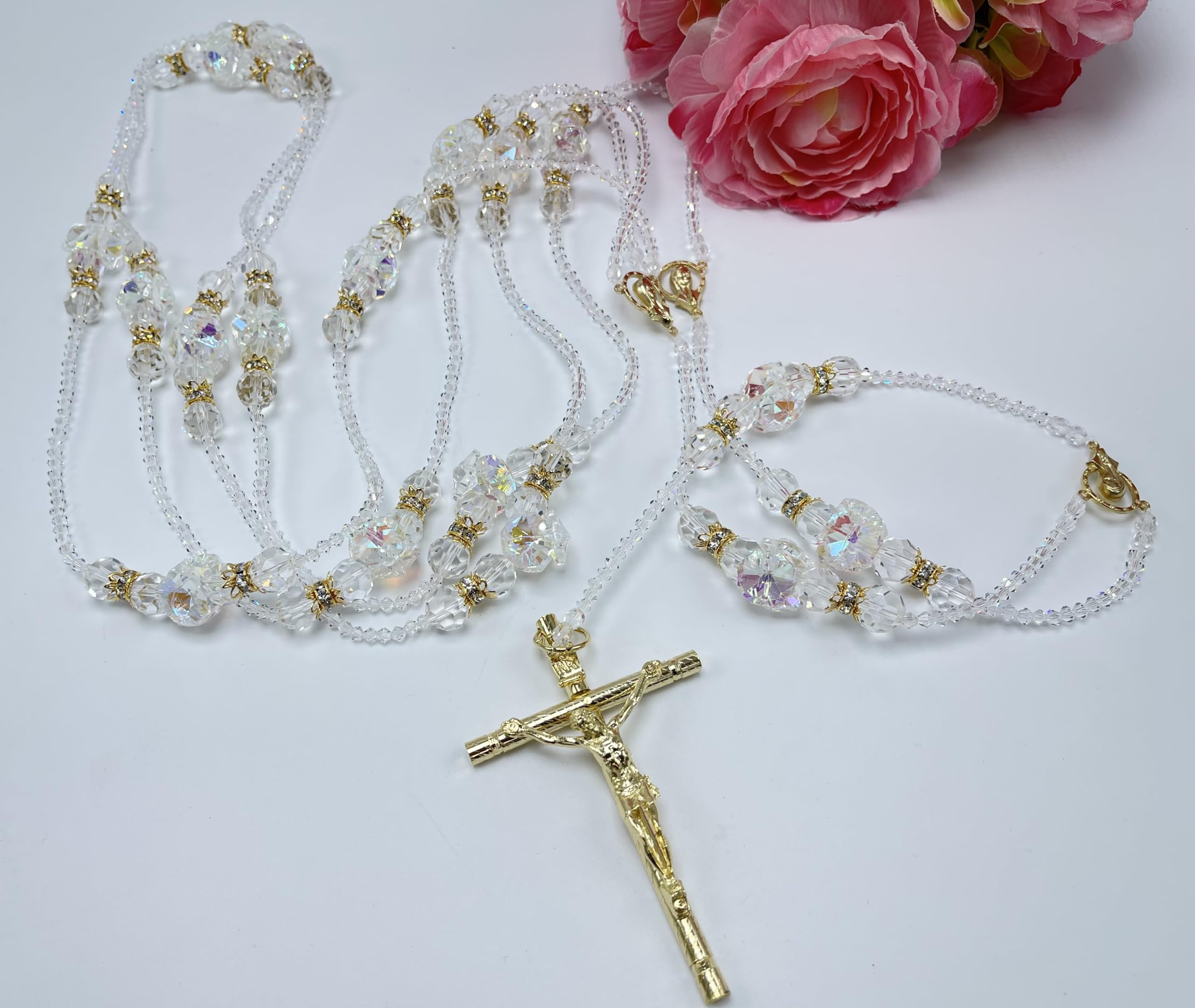 Authentic crystal AB wedding lasso gold plated cross detail
