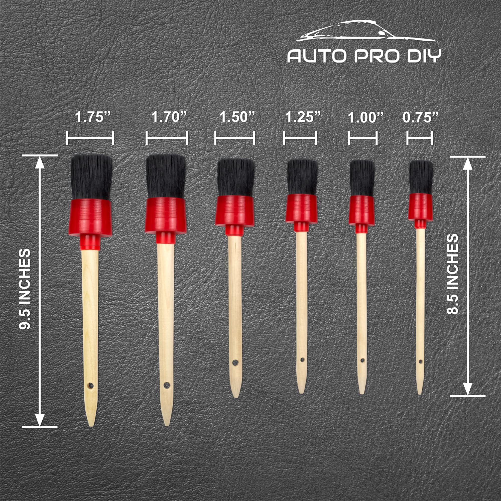 Six boar hair brushes with hanging holes for convenient storage after detailing