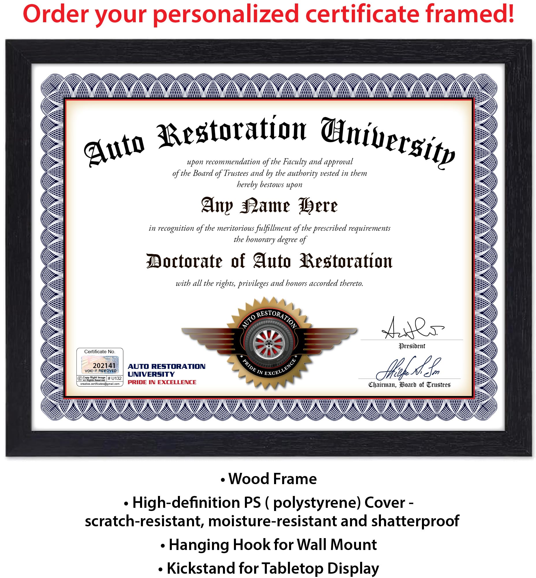 Garage shop mancave display university diploma novelty certificate