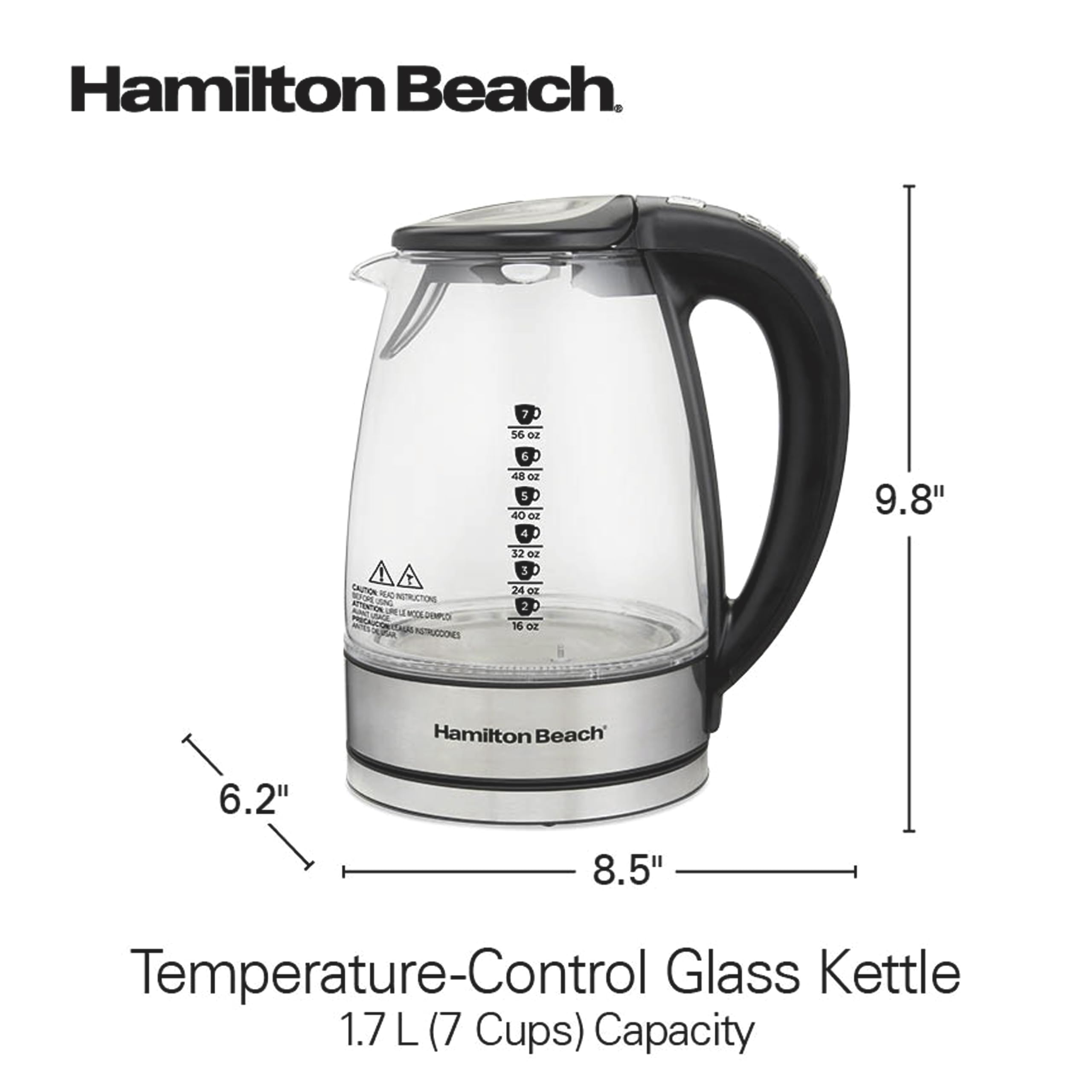 Glass kettle showing water level and safety features