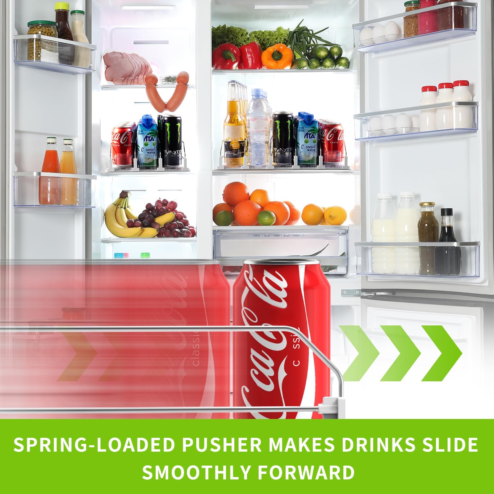 Automatic pusher glide keeps drinks front facing