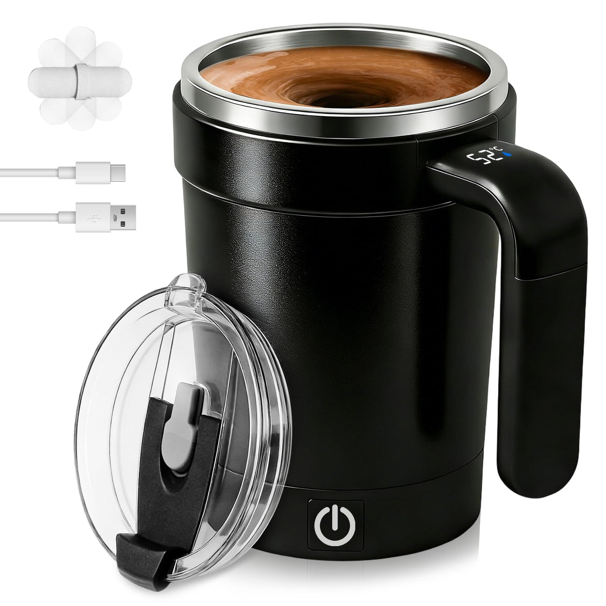 Black automatic stirring coffee mug with temperature display on handle