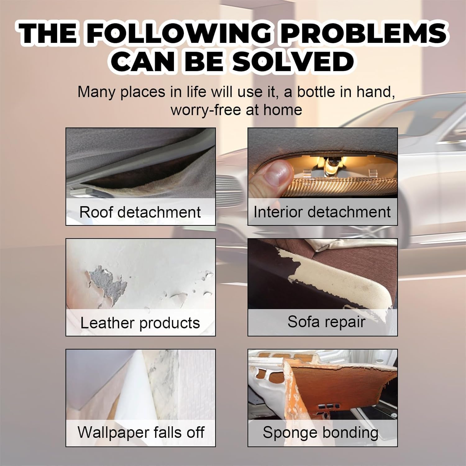 Headliner repair adhesive applied to car roof fabric