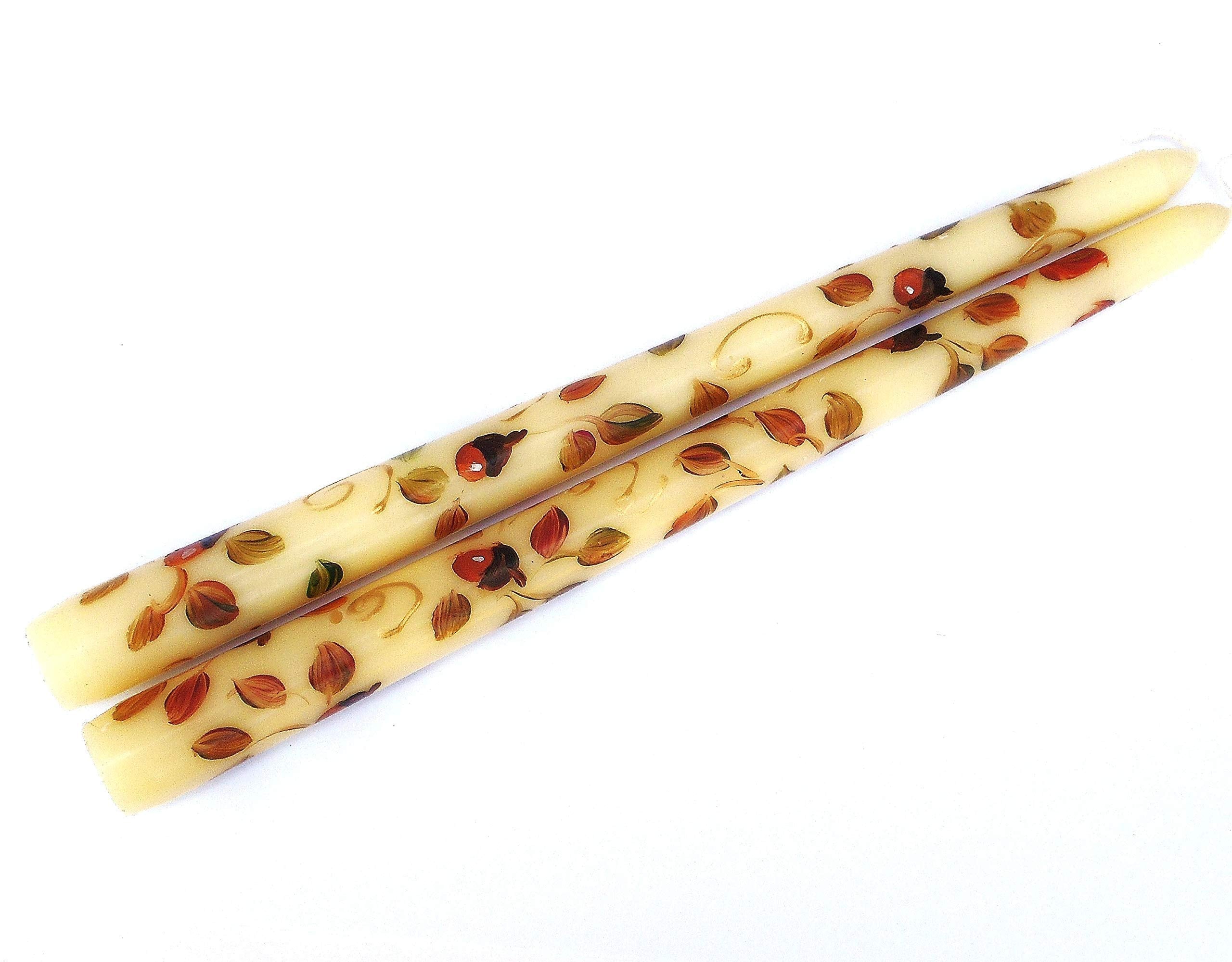 Hostess gift candles in ivory with autumn leaf and acorn motif