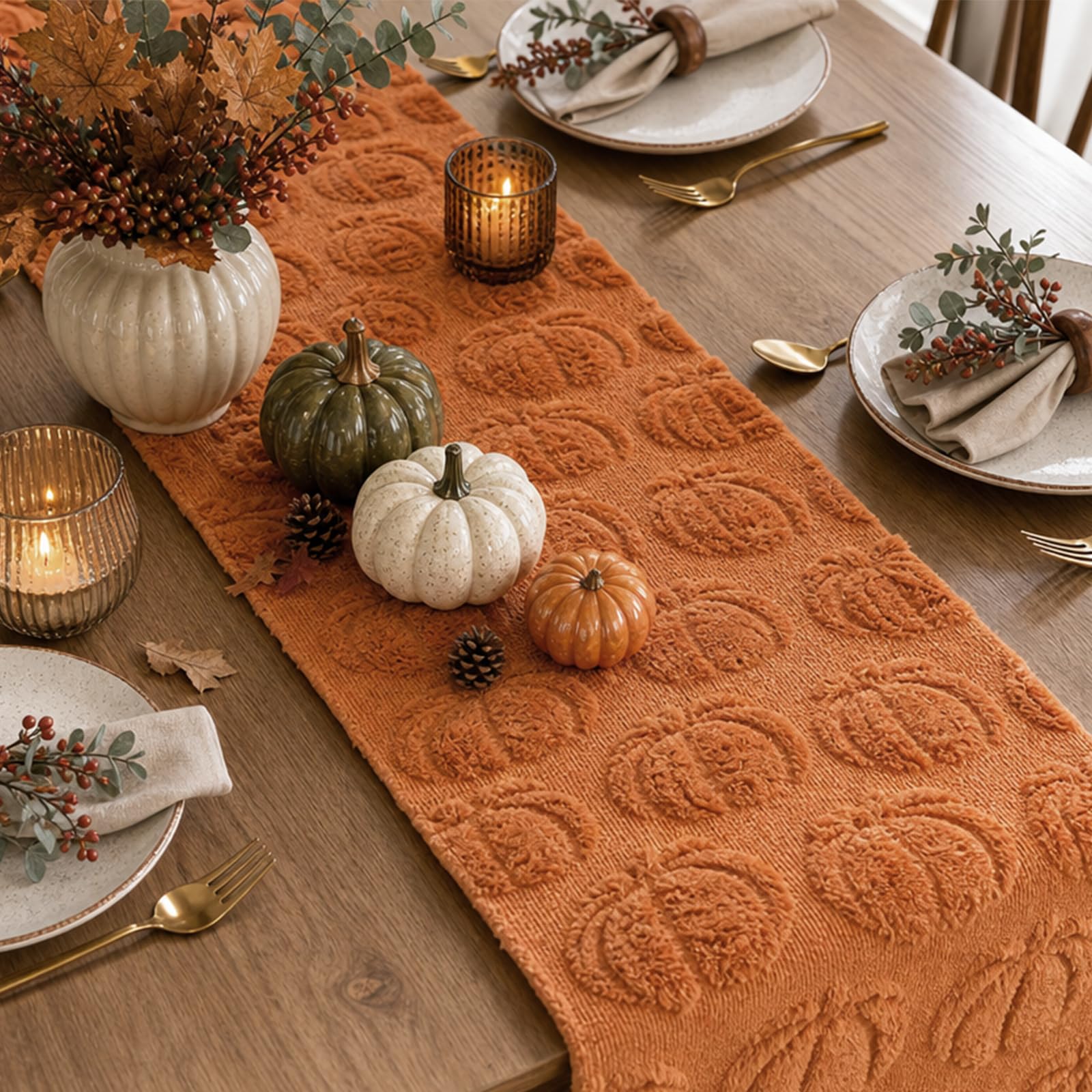 Polyester soft plush fall table runner with pumpkin accents for autumn decor