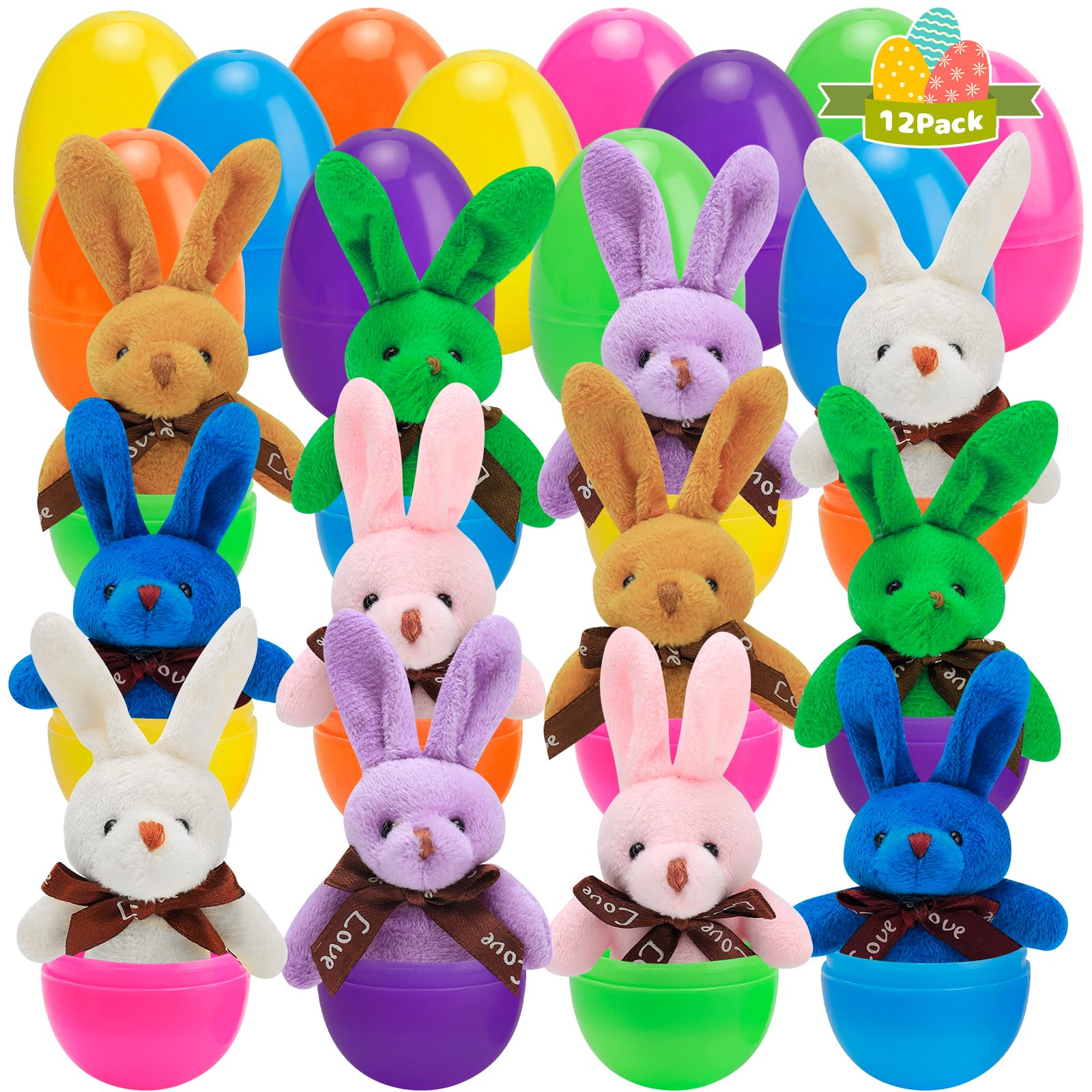 AUUGUU 12-Pack Prefilled Easter Eggs with plush rabbit toy