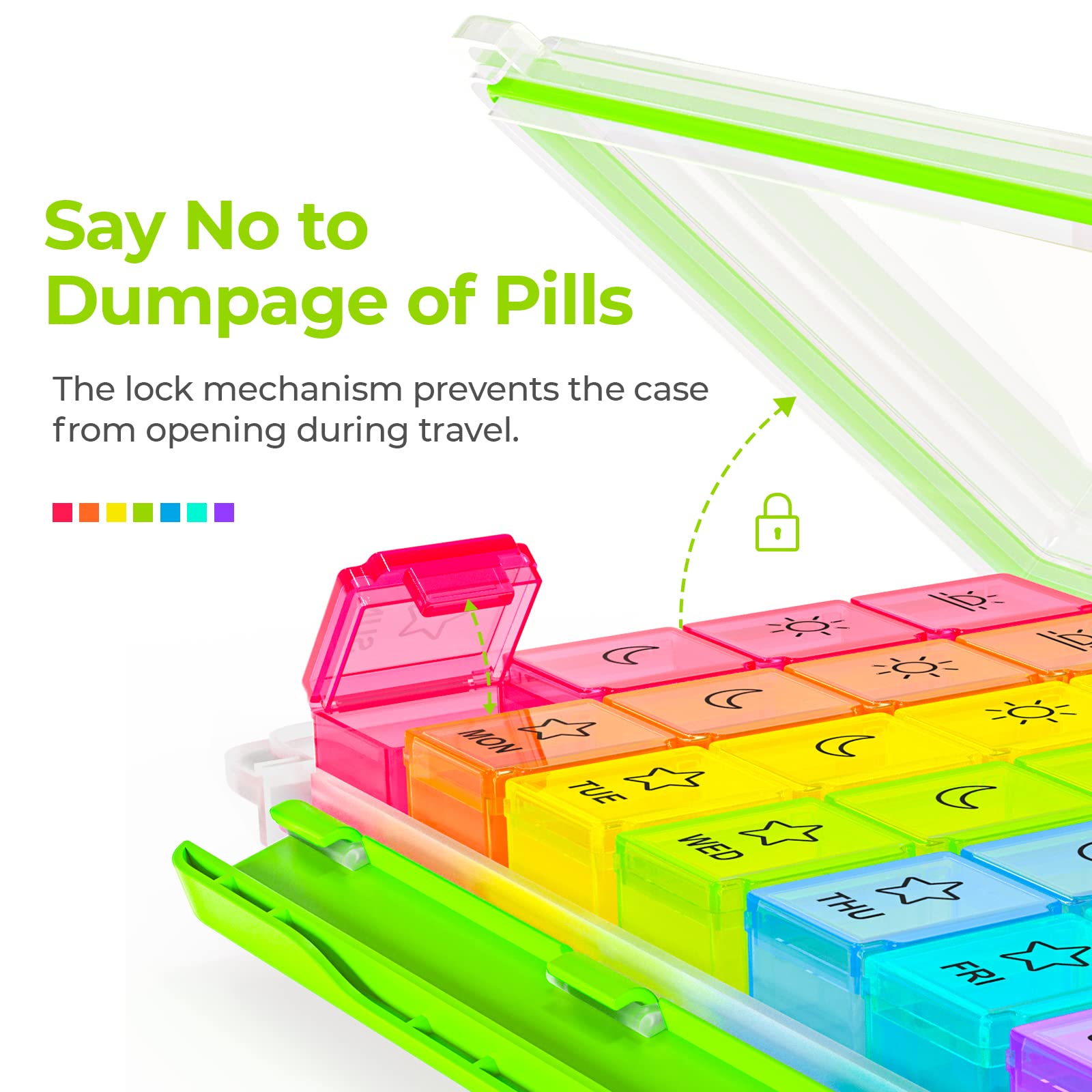 Color coded weekly compartments for daily dosing in AUVON organizer