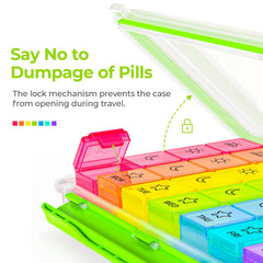 Color coded weekly compartments for daily dosing in AUVON organizer