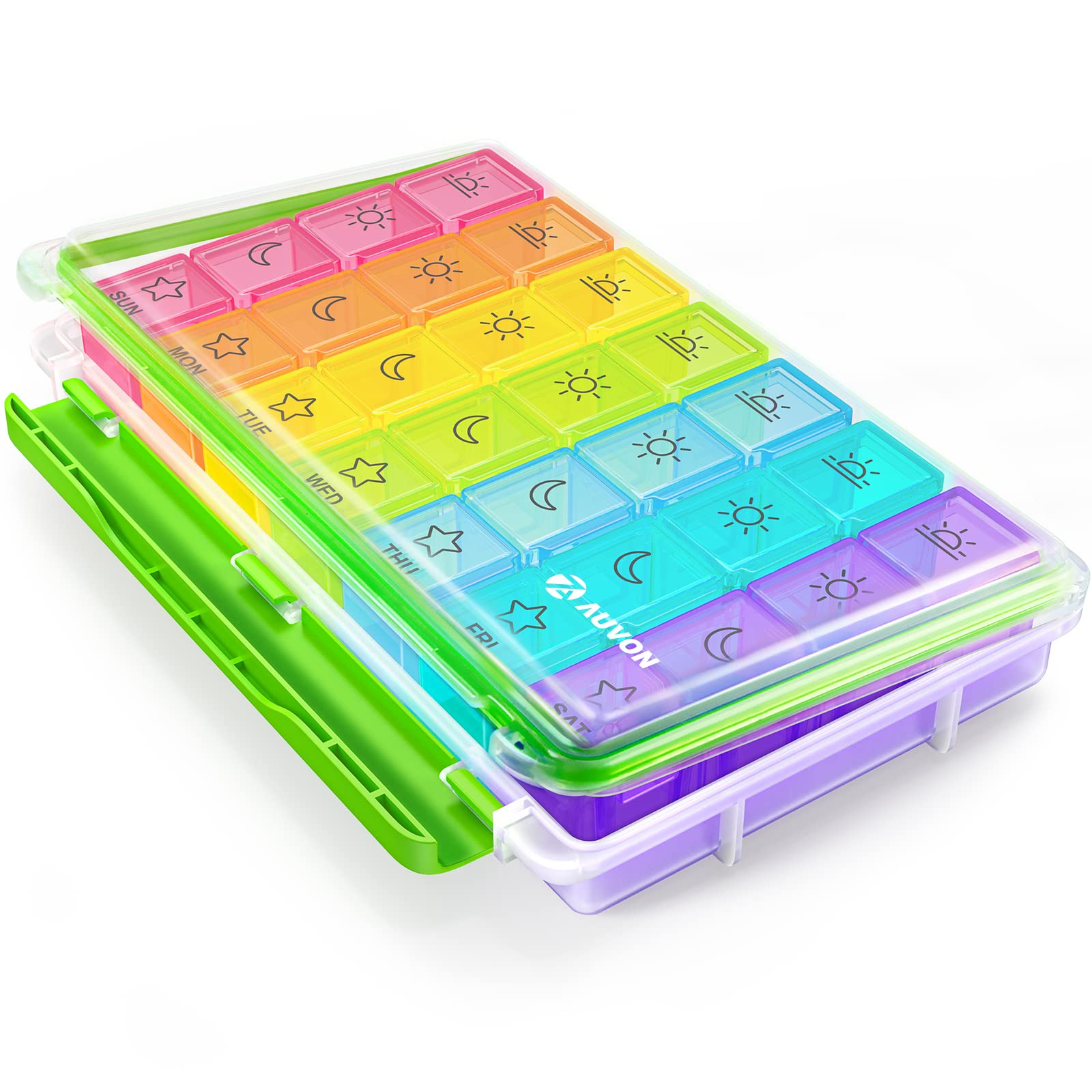 AUVON large moisture-proof weekly pill organizer front view with seven compartments
