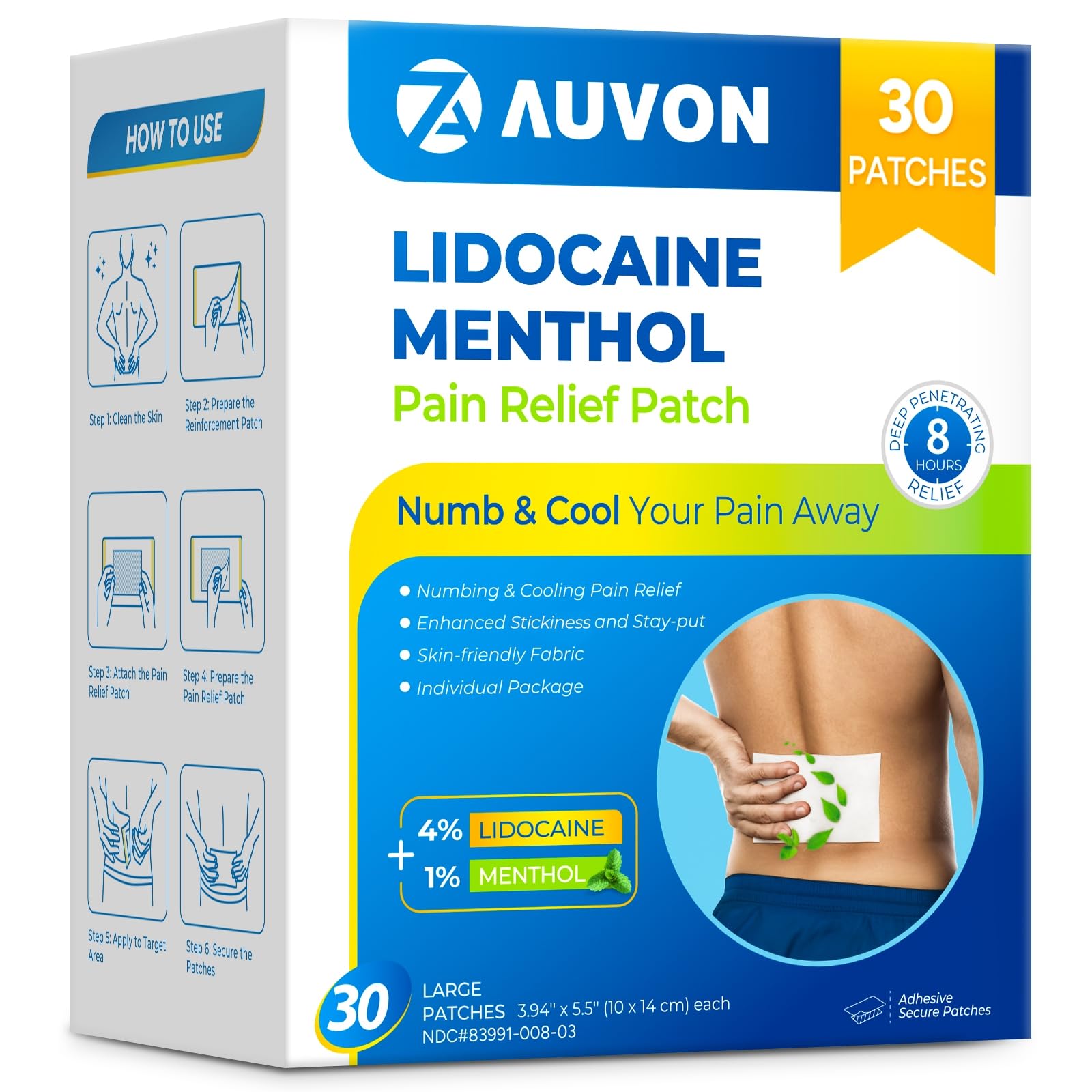 AUVON Max Strength Lidocaine Patches 10 Count packaging