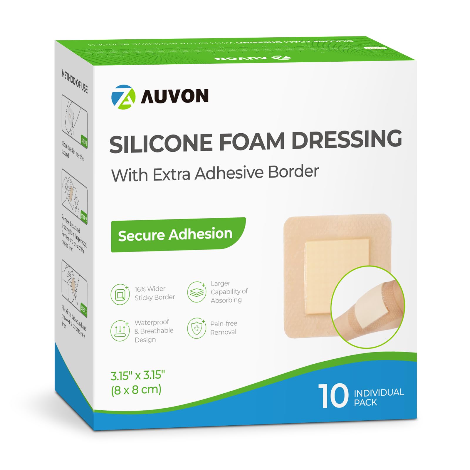 AUVON silicone foam dressing 3x3 with large adhesive border