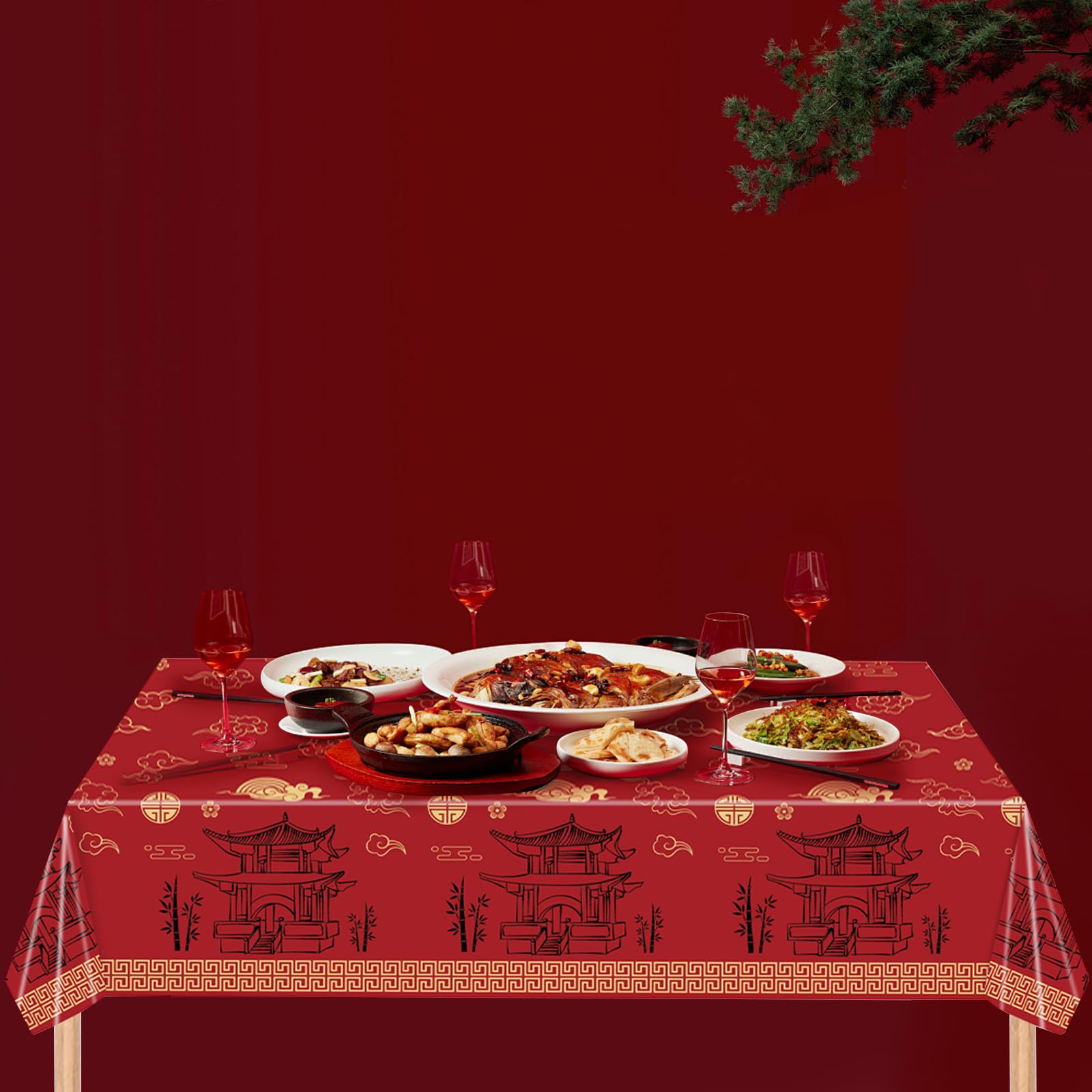 Oriental red gold rectangular tablecloth for events