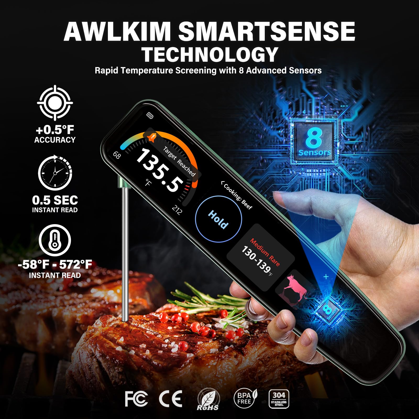 IP68 immersion-rated thermometer with tempered glass display