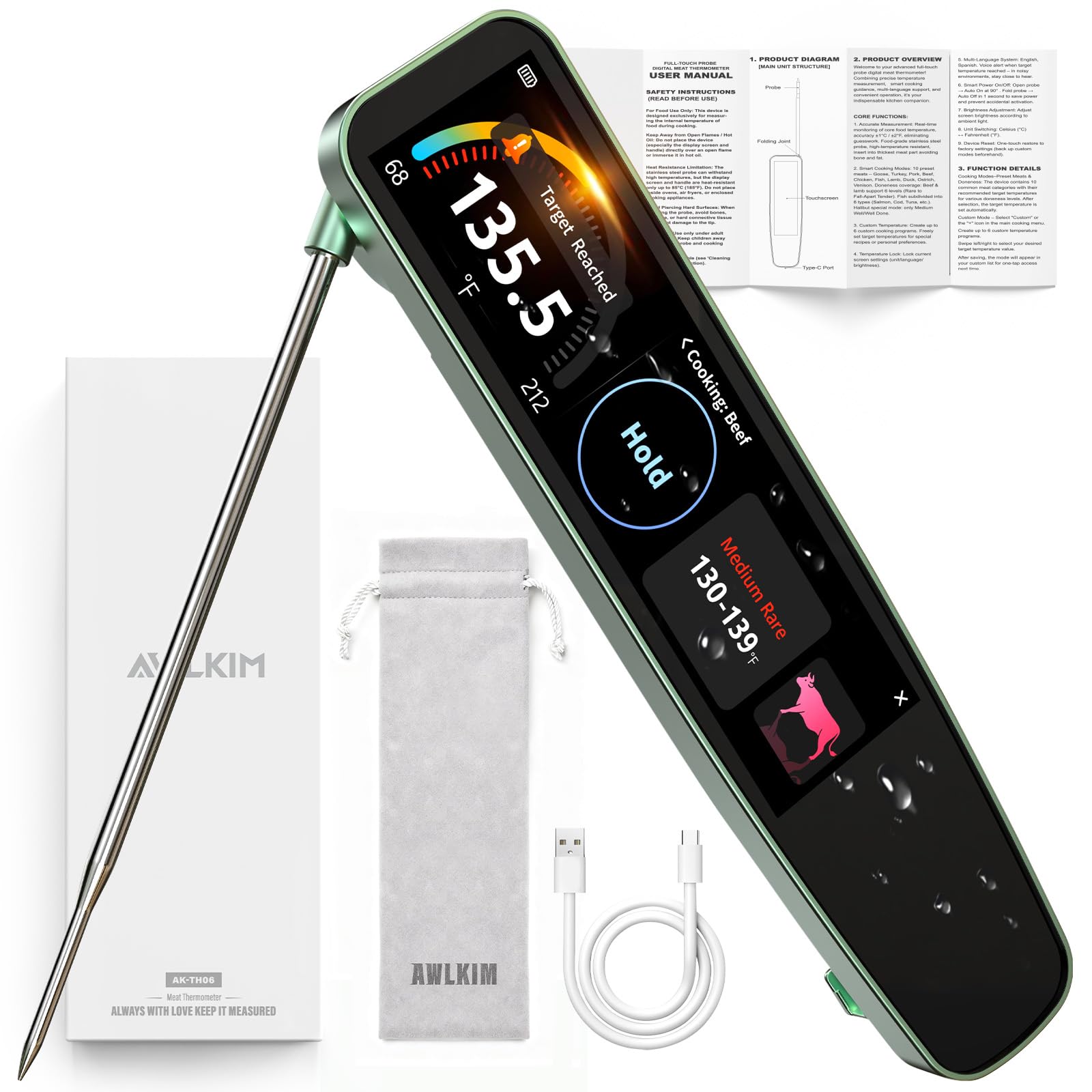 AWLKIM 0.5s instant read meat thermometer with 3.8 inch touchscreen