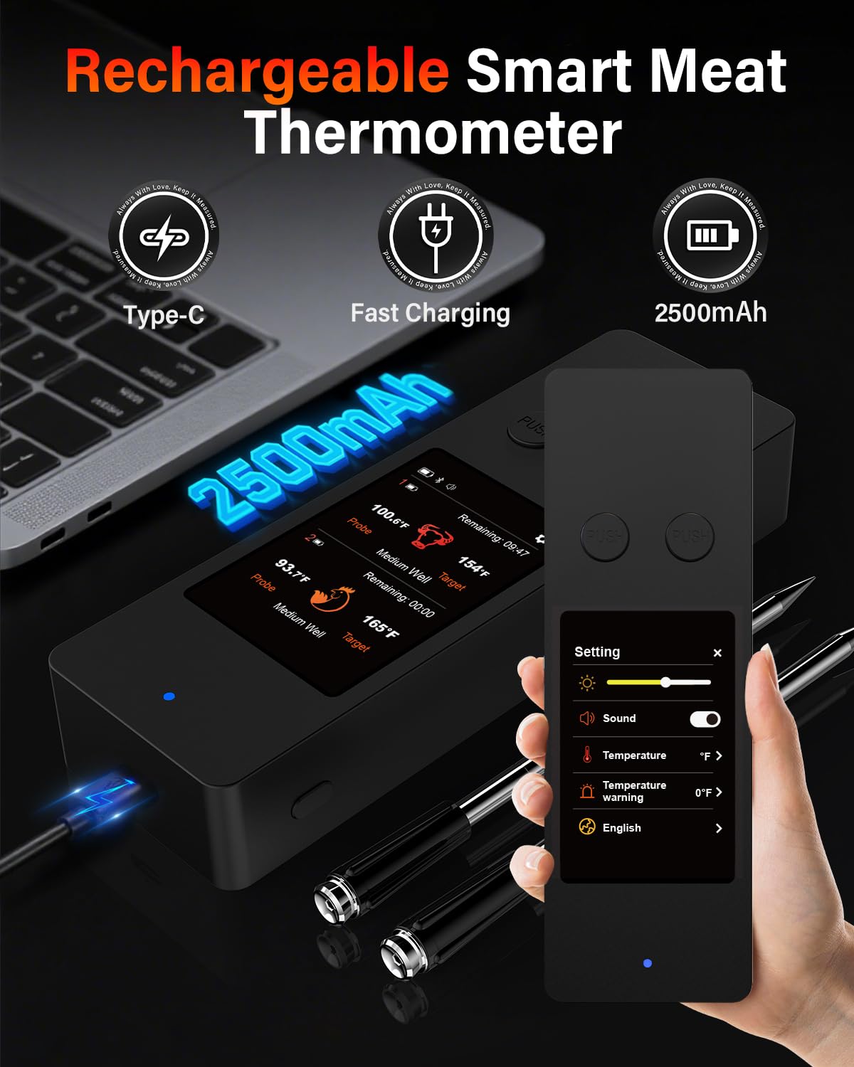 USB-C rechargeable base 2500mAh with 30+ hours runtime