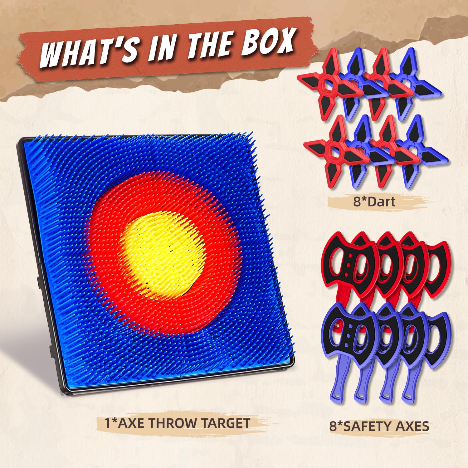 Axe Throwing Target Set with 16 axes arranged for play