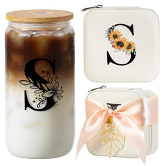 AYGXU initial glass cup with bamboo lid and white straw set