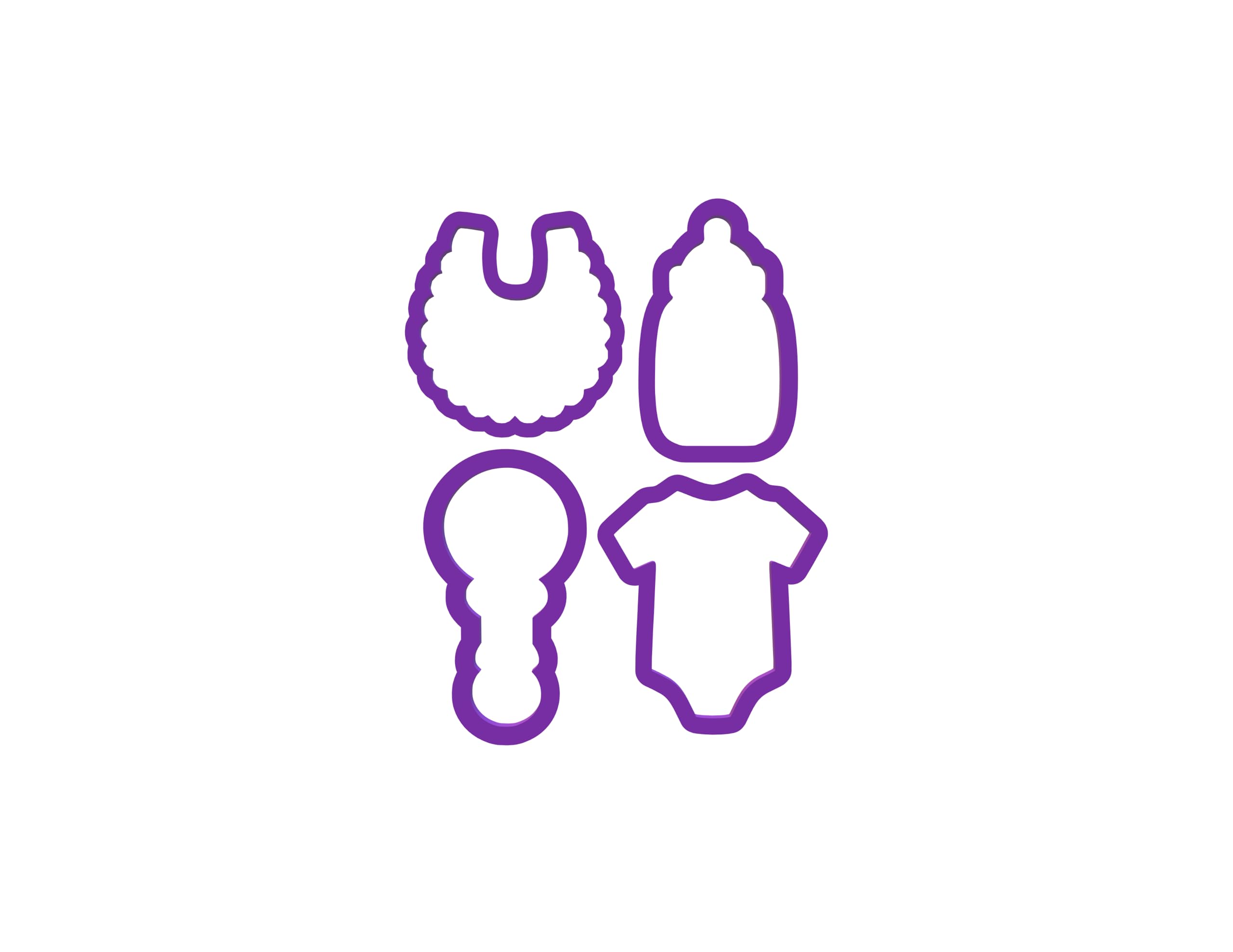Four shapes from Baby Cookie Cutter Set for baby shower cookies Onesie Baby Bottle Baby Bib Baby Rattle With Bow Purple/