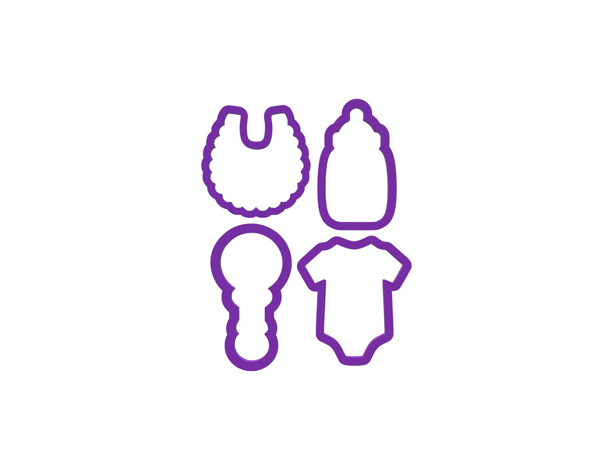 Four shapes from Baby Cookie Cutter Set for baby shower cookies Onesie Baby Bottle Baby Bib Baby Rattle With Bow Purple/