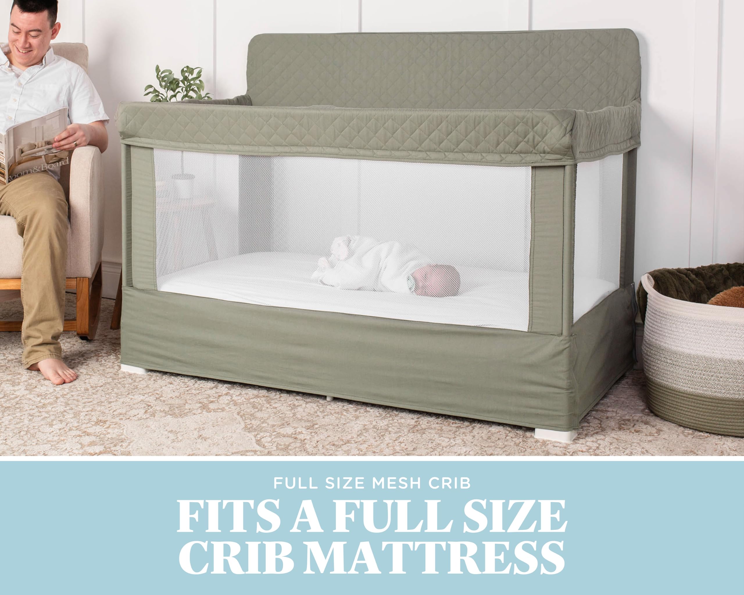 Lunaire crib folds into included storage bag Organic Sage