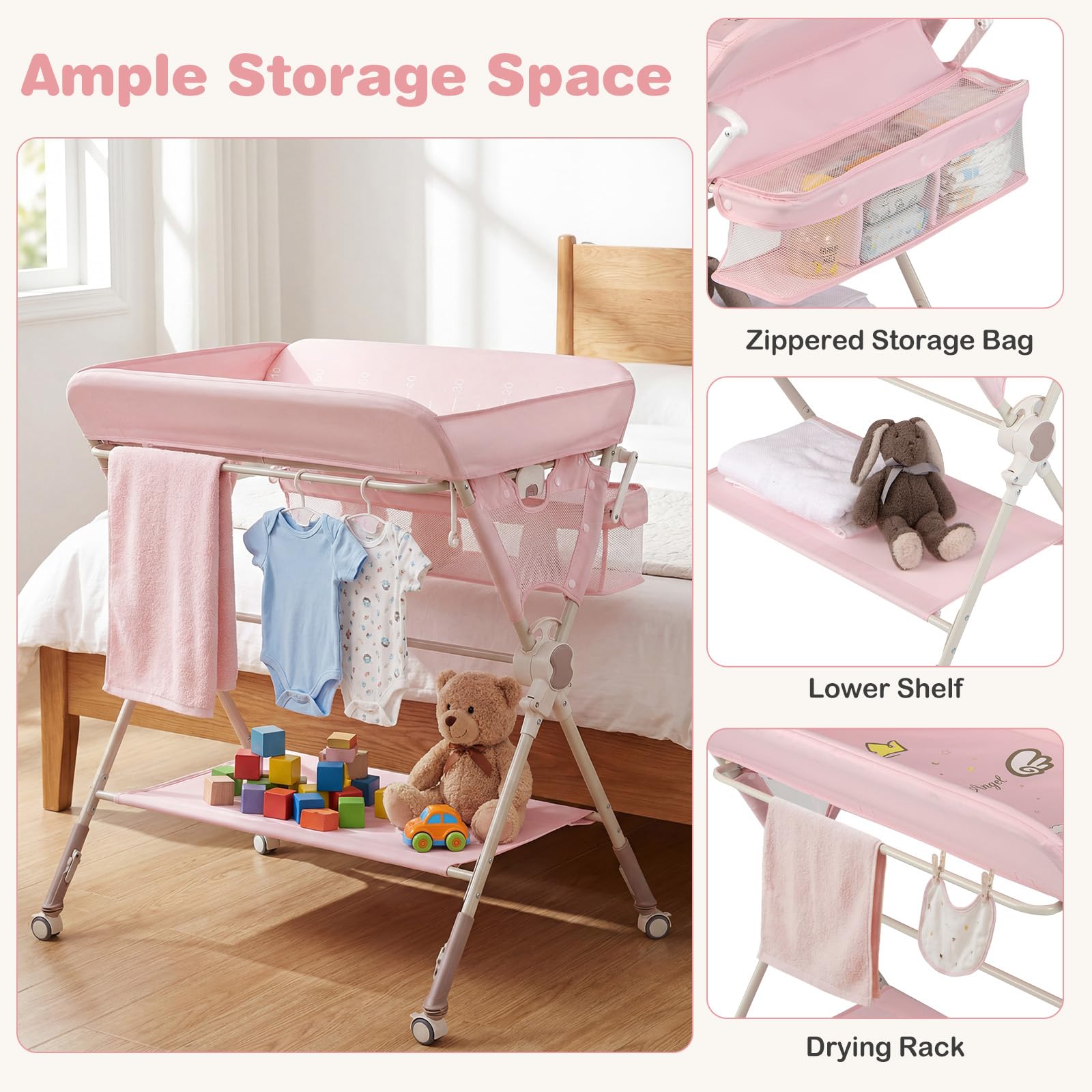 Storage rack and bottom shelf on BABY JOY changing table