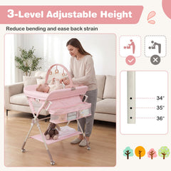 Pink changing table folded for compact storage
