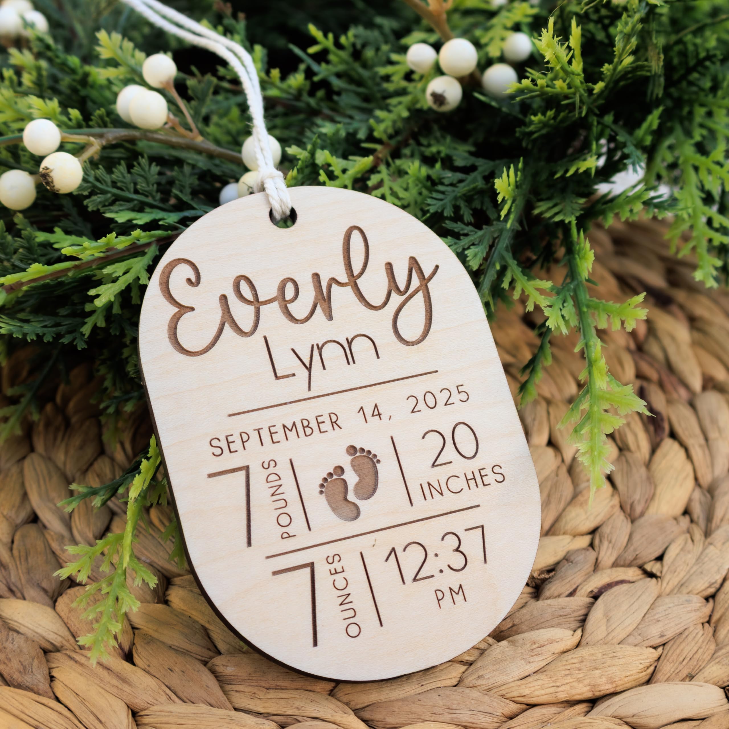 Baby name and stats engraved on birch wood keepsake