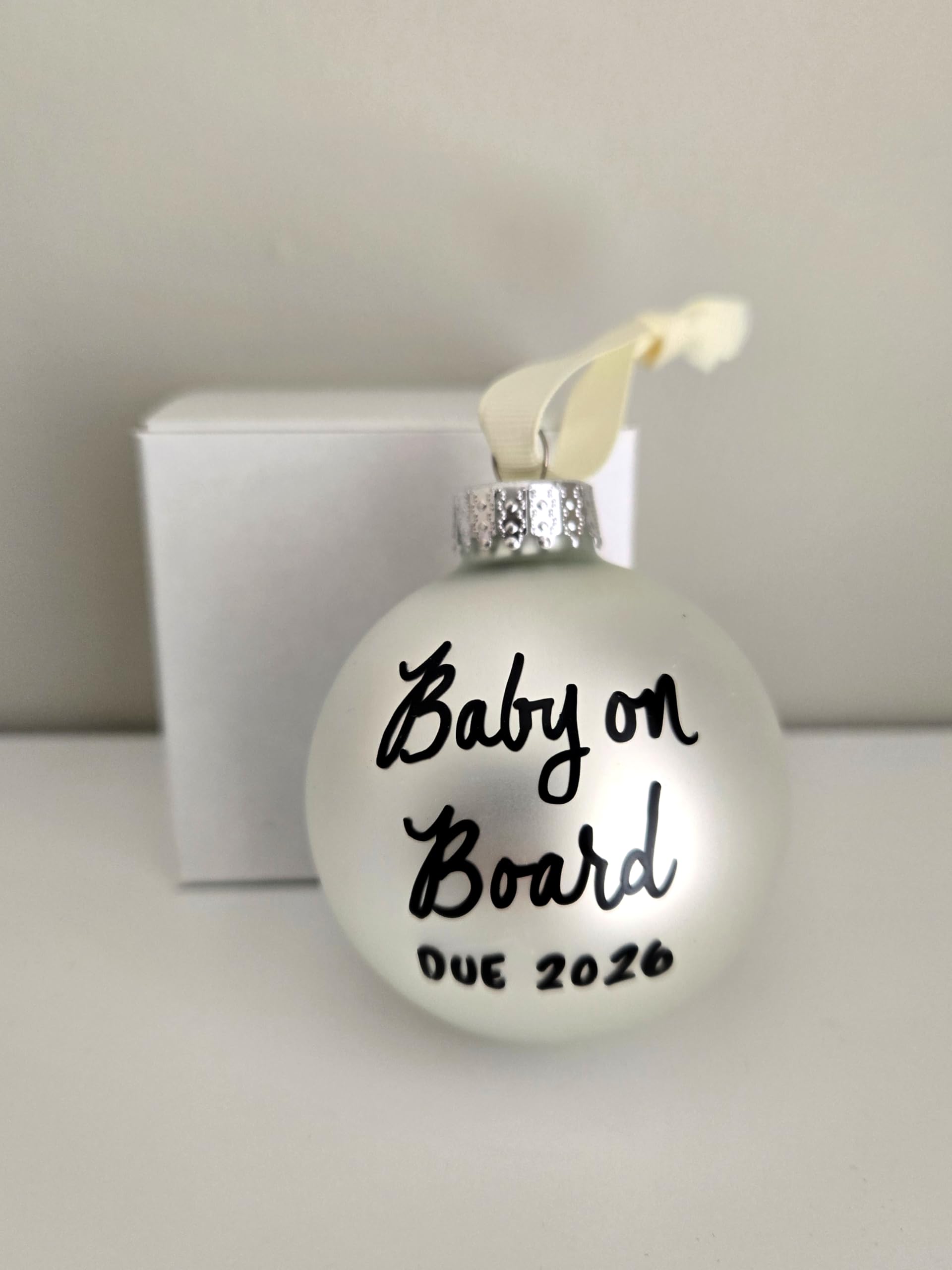 Light Silver Glass bauble with silver cap and white ribbon