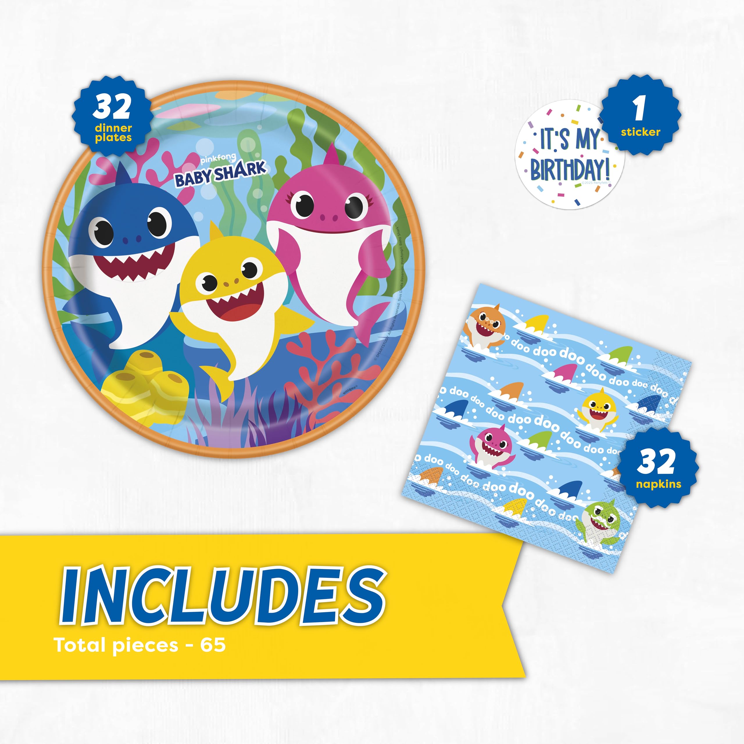 32 large 9 inch Baby Shark plates and 32 2-ply napkins