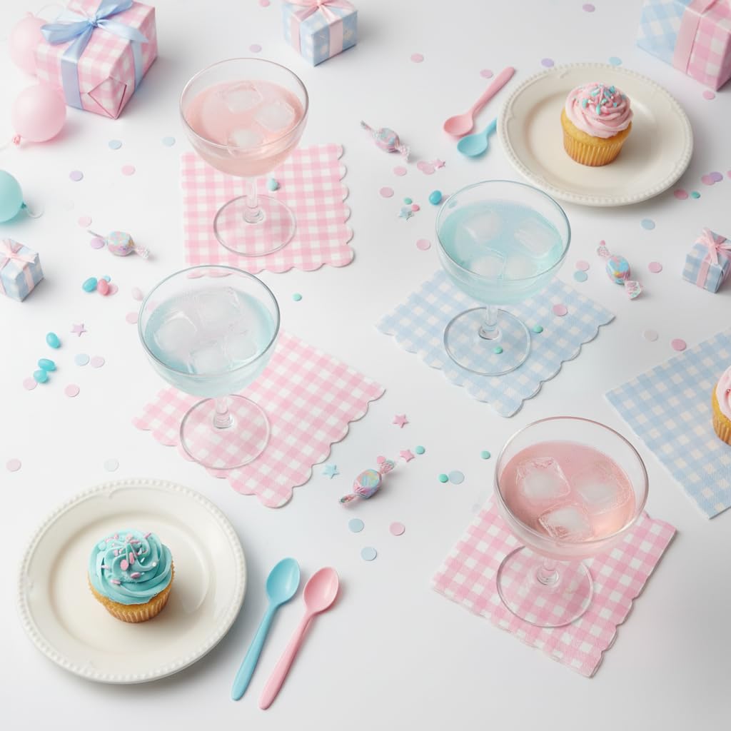 Coordinated pink blue plaid napkins for gender reveal events
