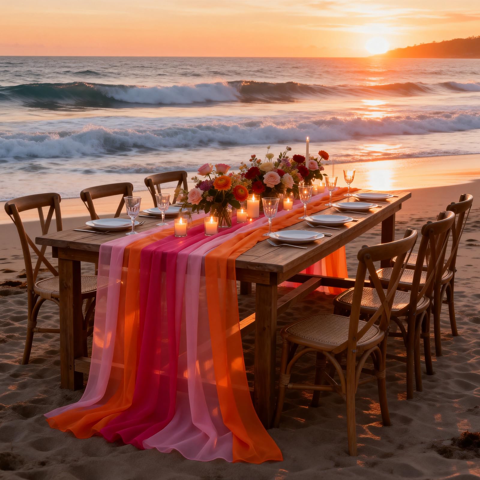 Wedding table decor with pink orange runners