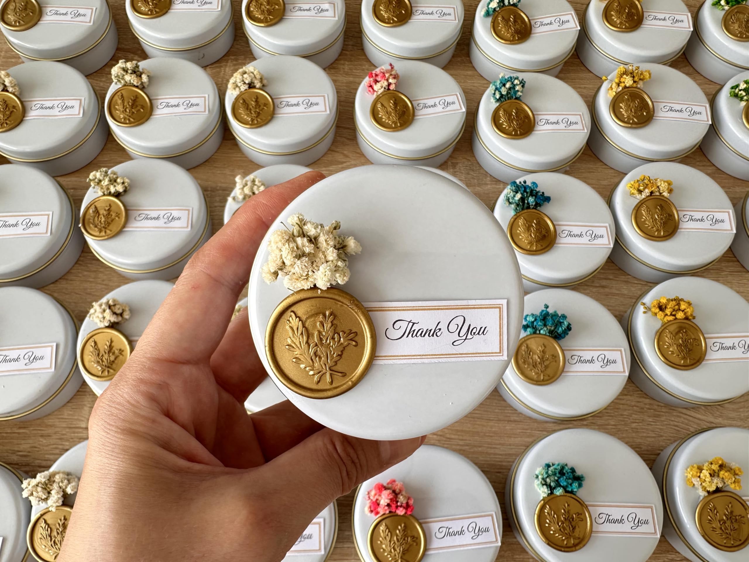 Baby shower candle favors with dried flowers