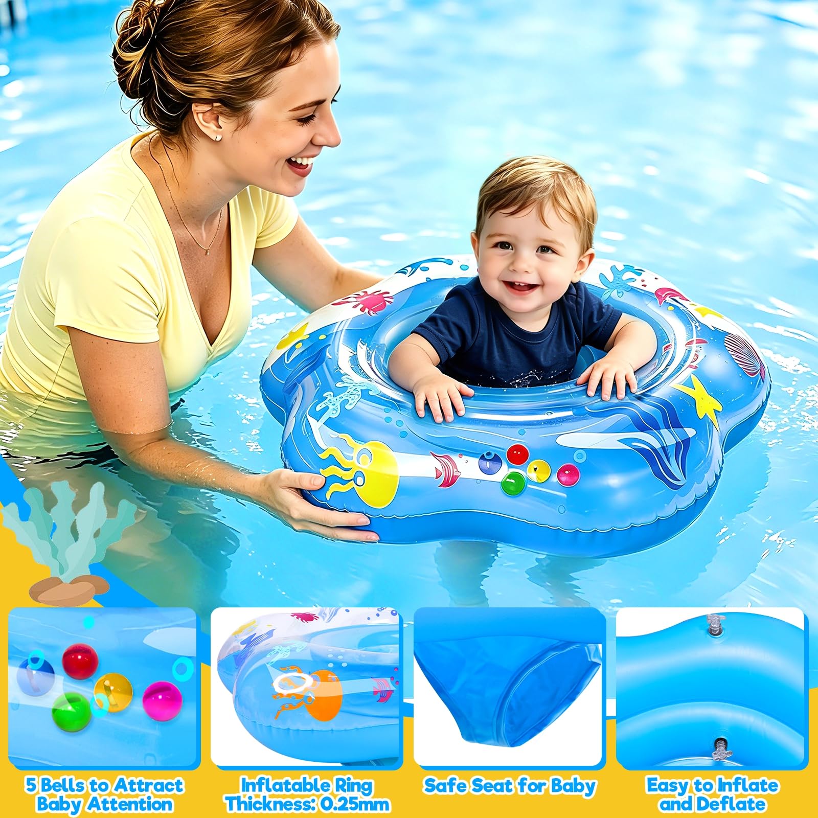 blue ocean themed baby pool float with sea creature patterns