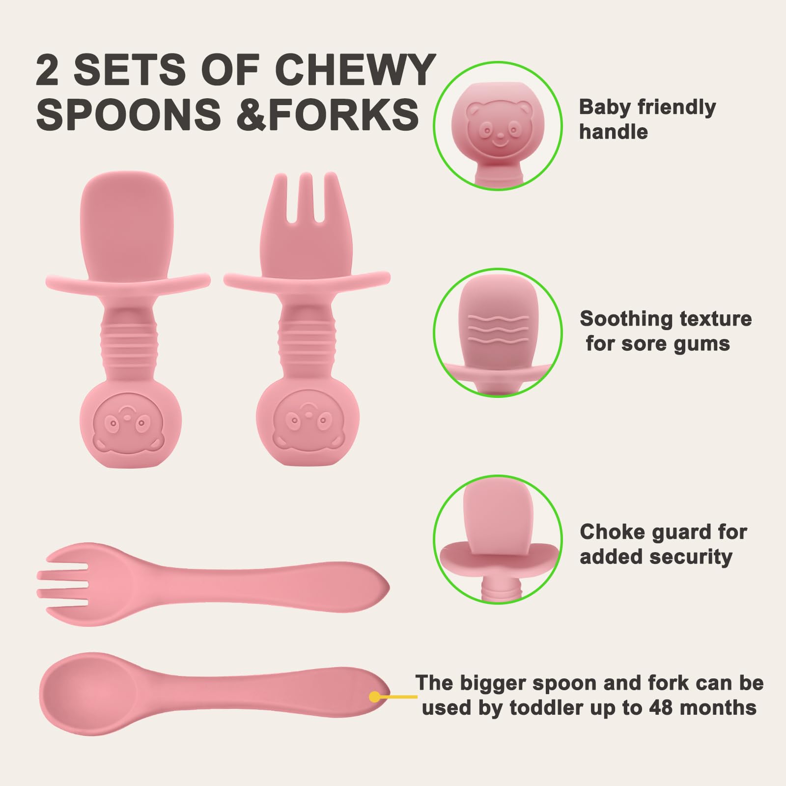 Spoon and fork utensils included in Munlinder silicone baby feeding set