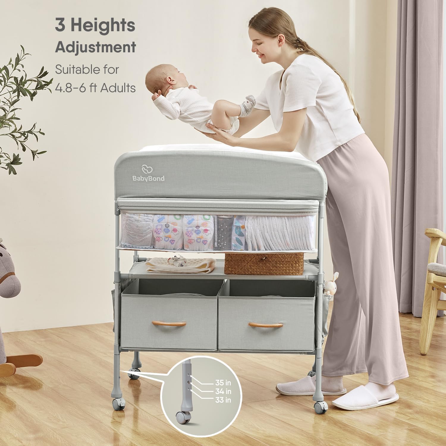 Changing table on four wheels with safety locks for easy mobility
