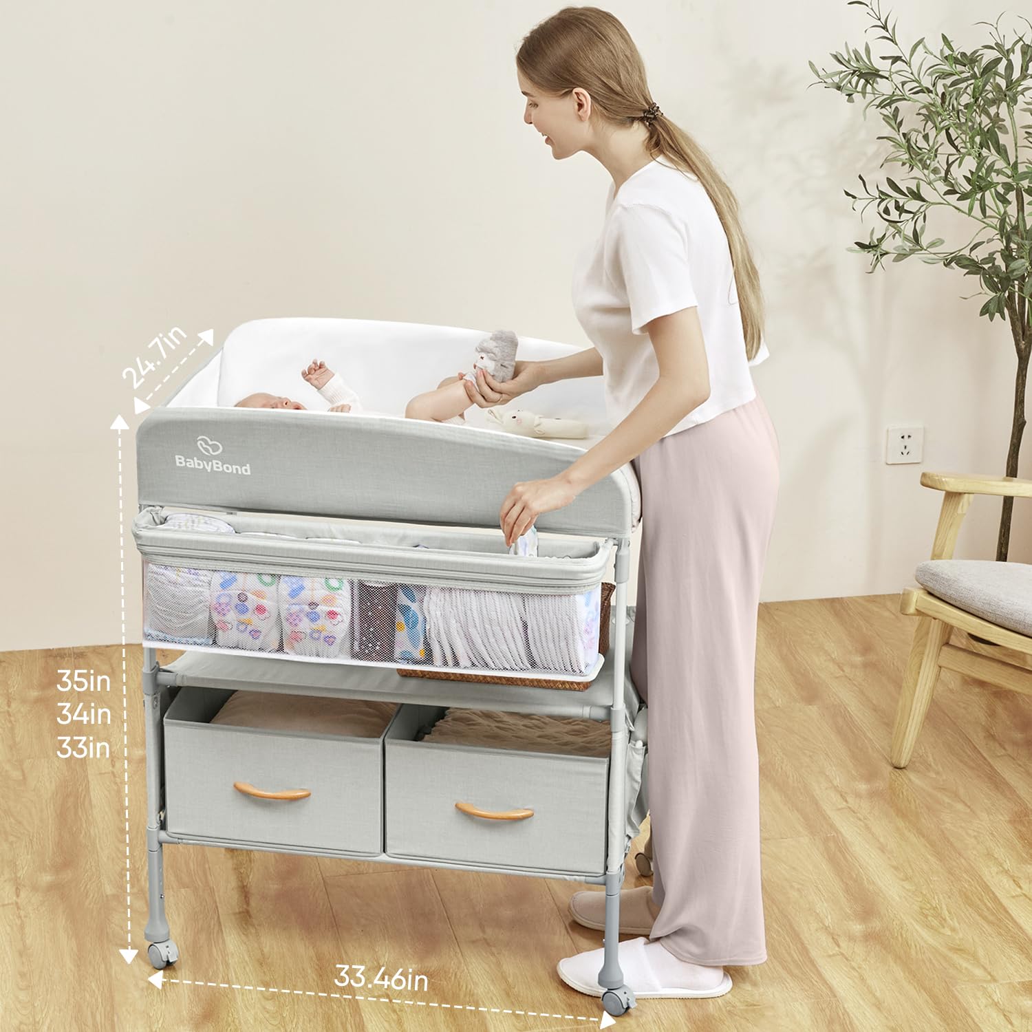 PVC topper on BabyBond changing table with plush toys for baby engagement