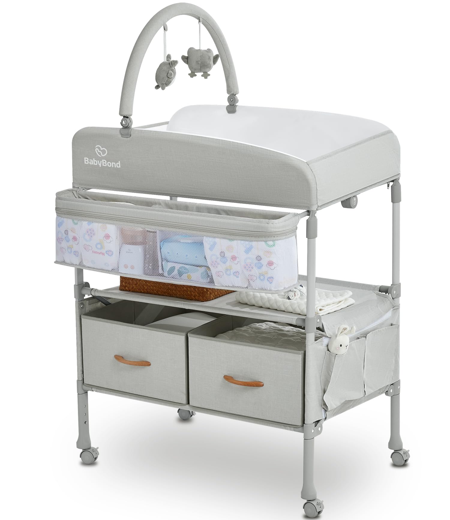 Brand BabyBond portable baby changing table with beige finish and 2 storage baskets