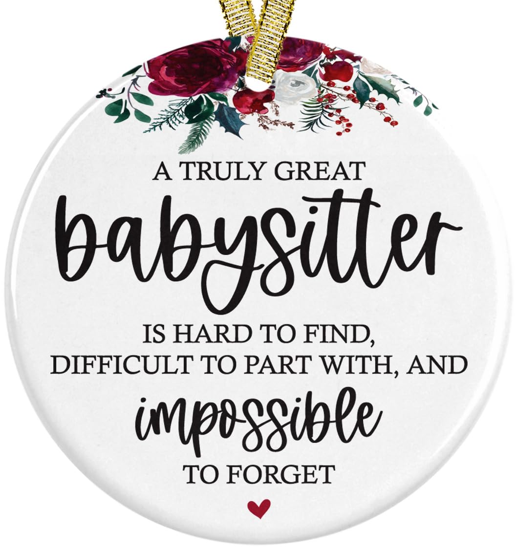 Pink Posies and Pearls babysitter ornament on white ceramic