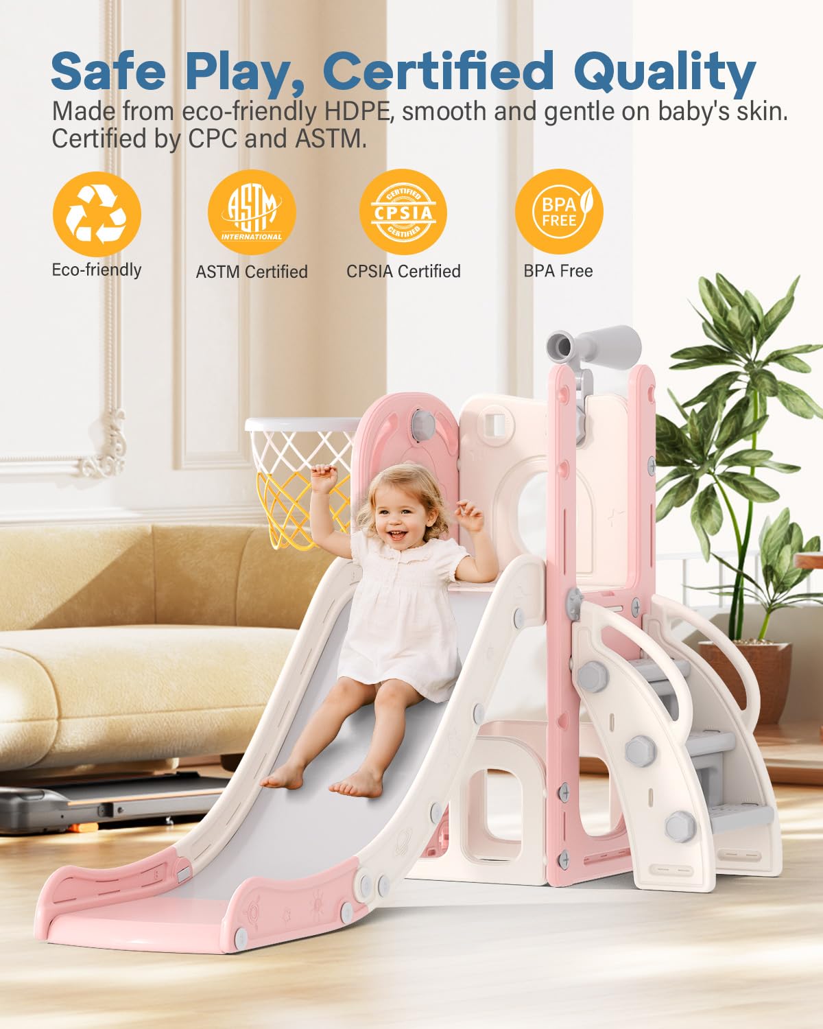 Built-in storage space for balls and toys in climber