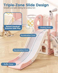 Slide with basketball hoop and telescope features in climber