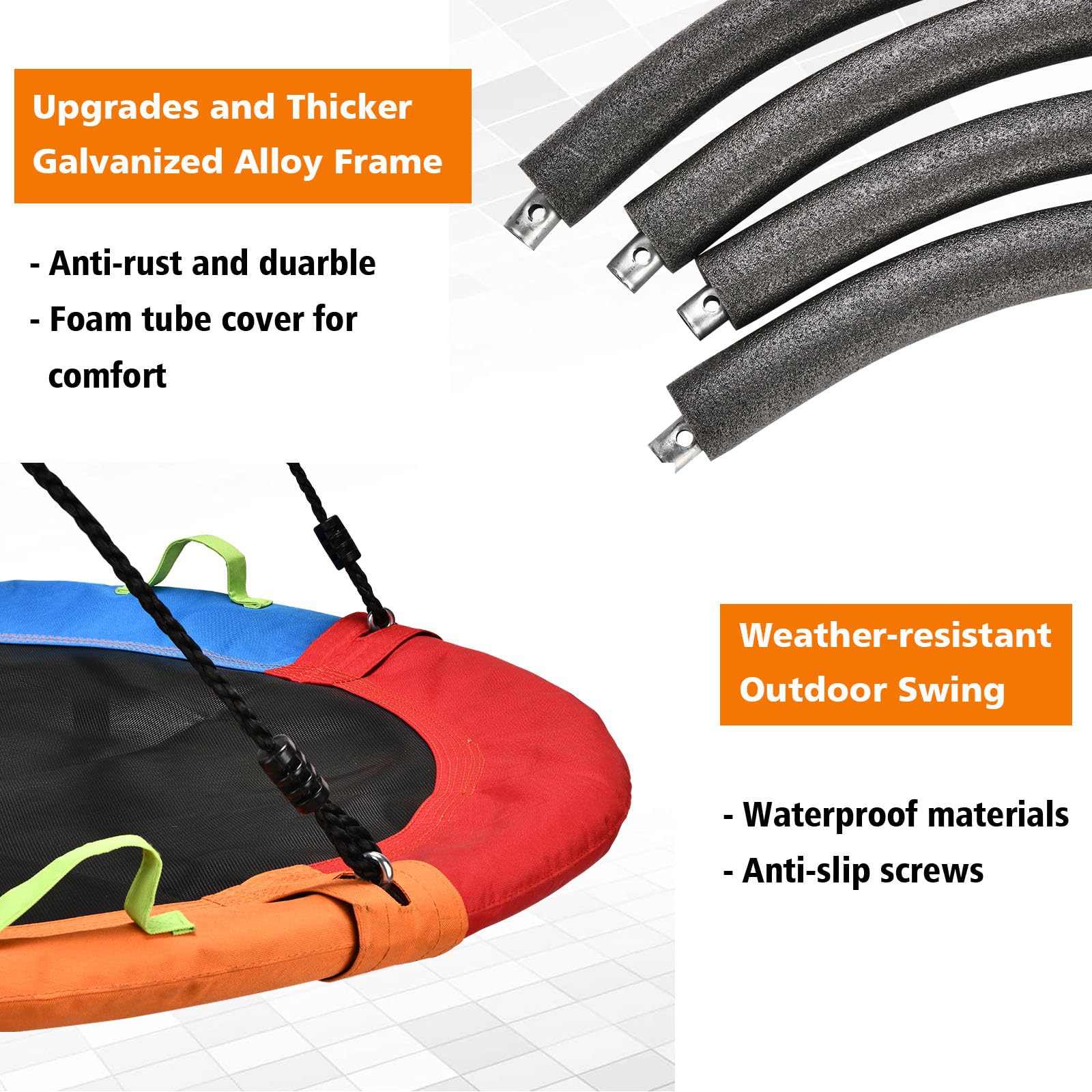 Backyard saucer swing with heavy-duty straps and carabiners