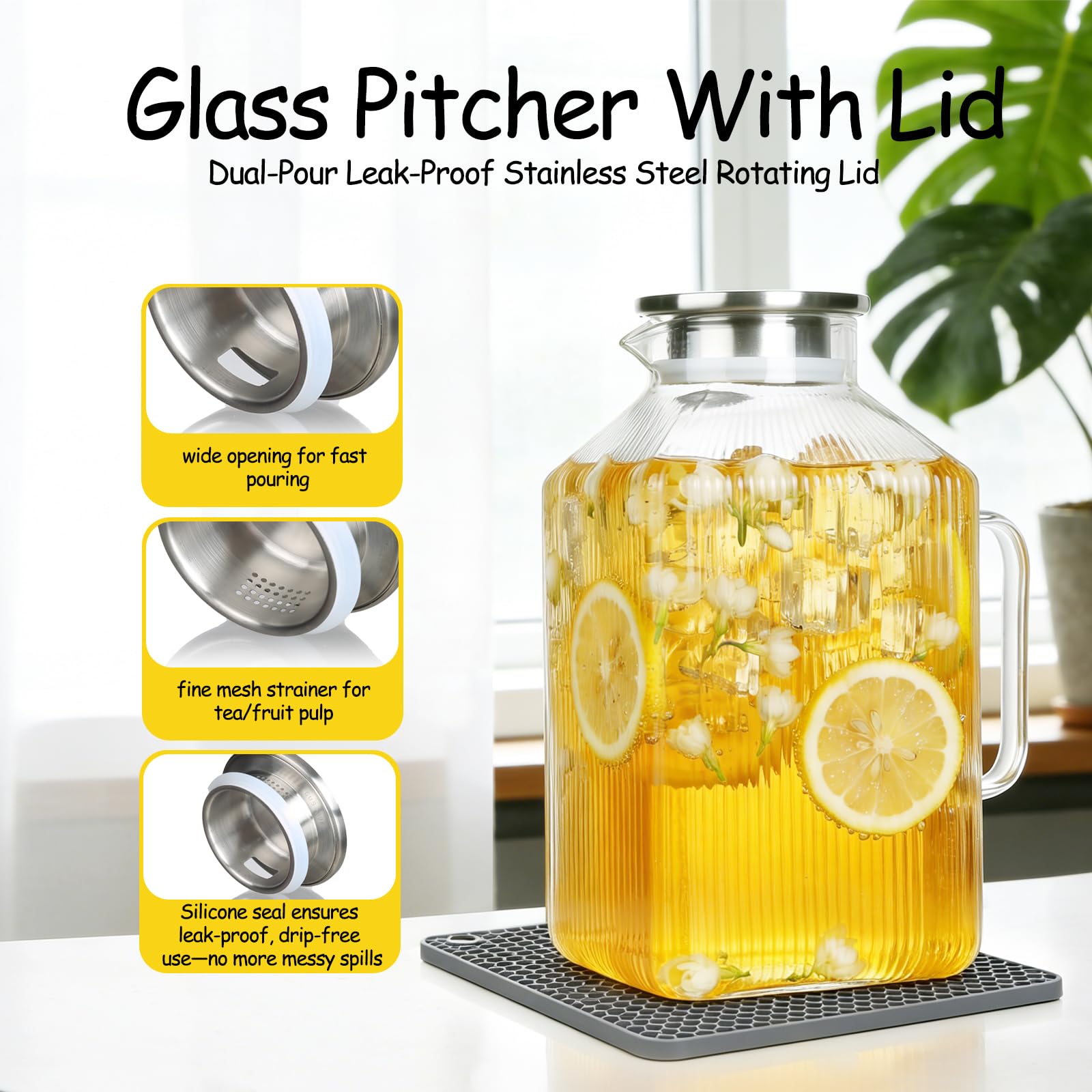 Square borosilicate glass carafe with lid and handle