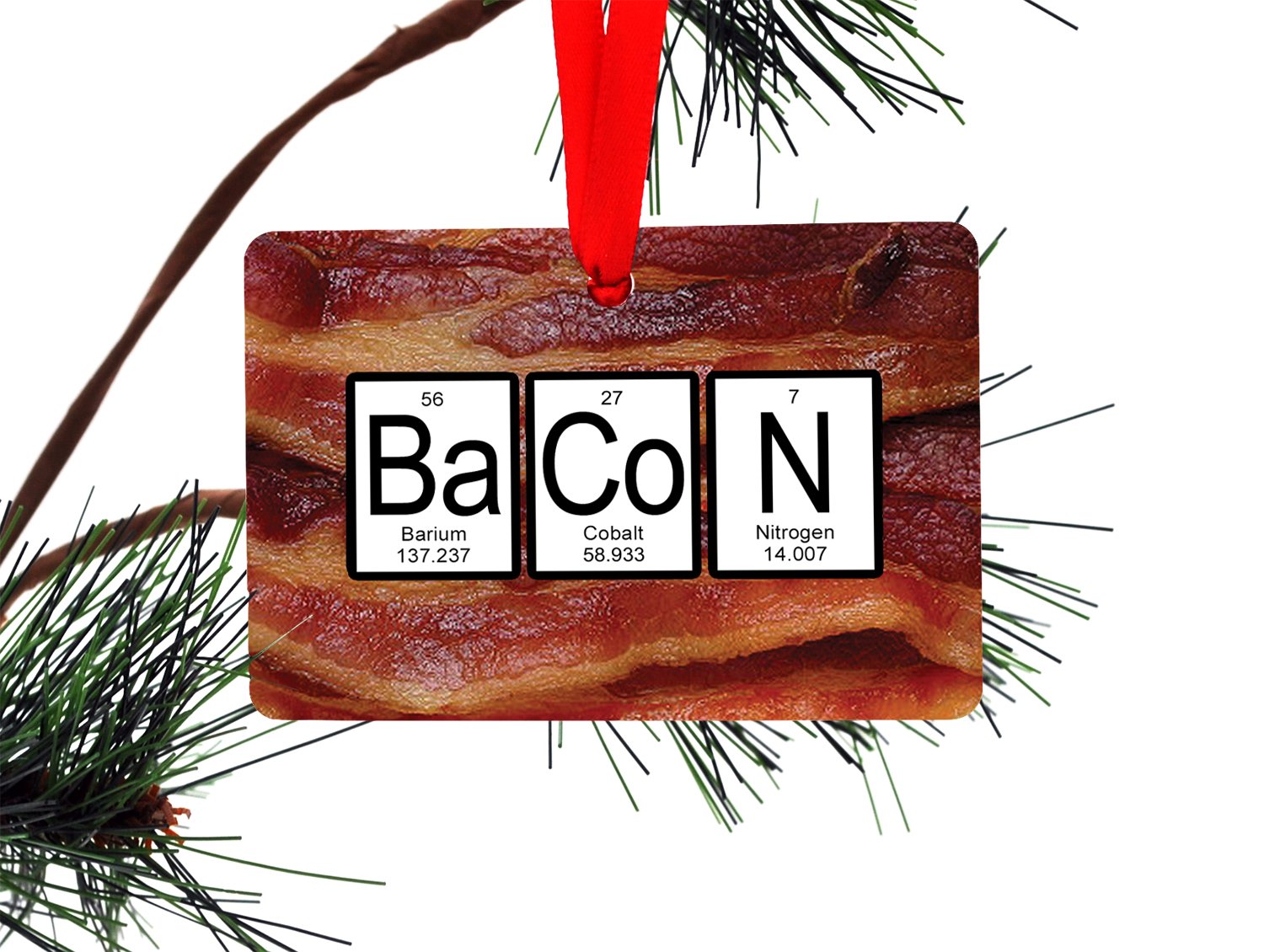 Bacon Periodic Table Aluminum Ornament with red satin hanger
