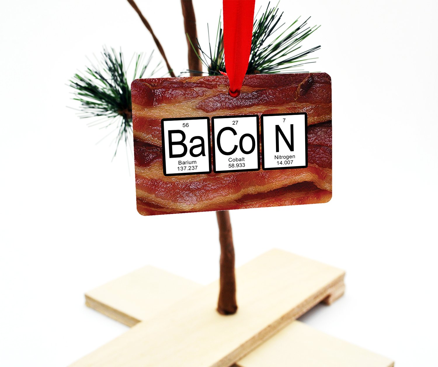 Bacon Periodic Table Aluminum Ornament solid white back ships with black velvet bag for storage