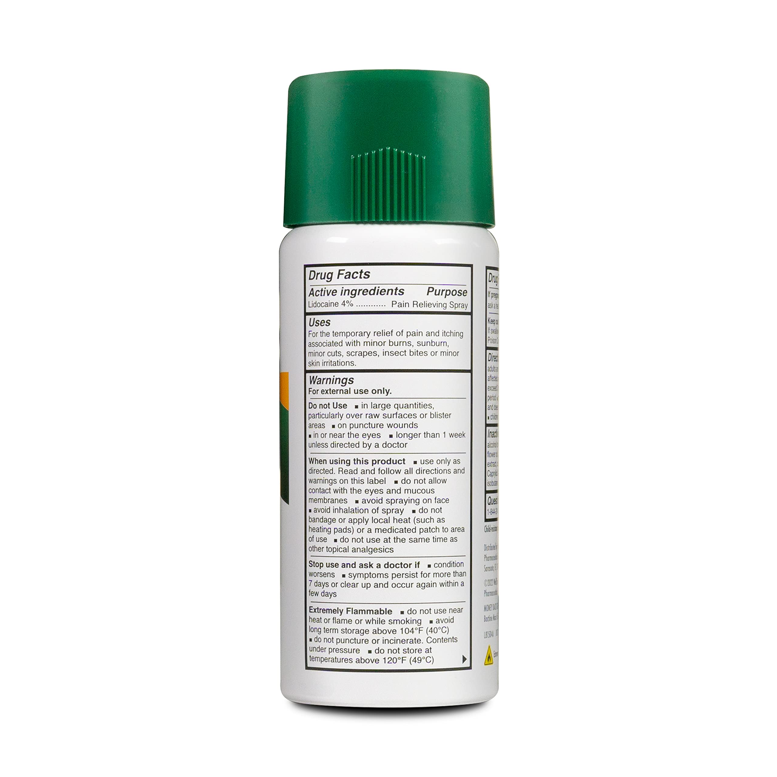 Bactine MAX Dry Spray label shows 4% lidocaine