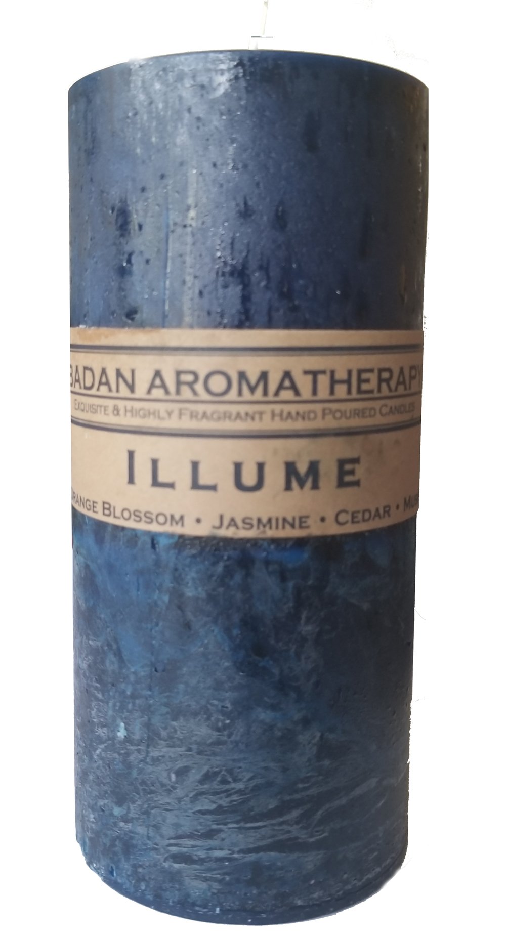 Badan Body Illume Jasmine Orange Blossom Sandalwood Pillar Candle dark blue rustic texture