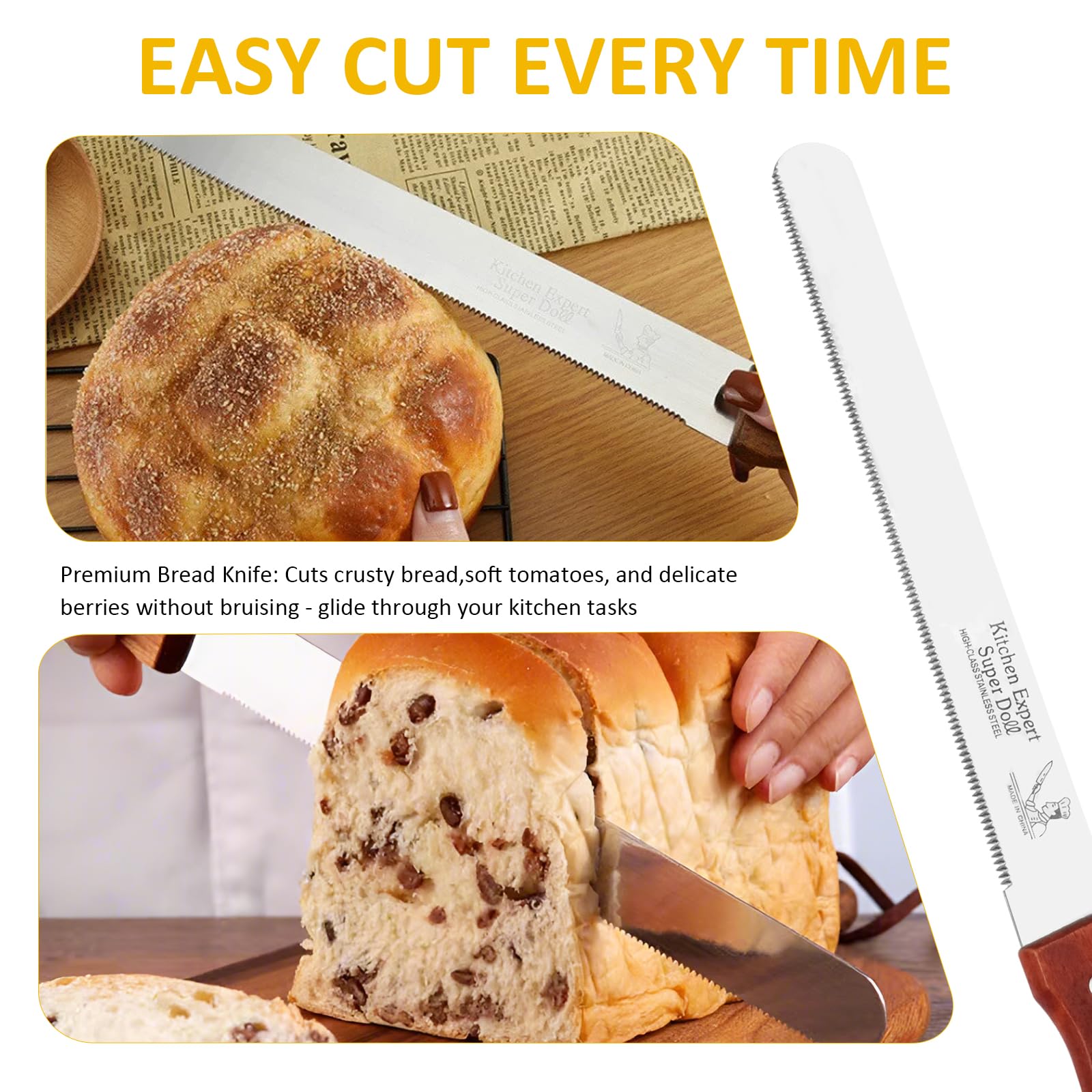 Bread knife with full tang grip for comfortable cutting