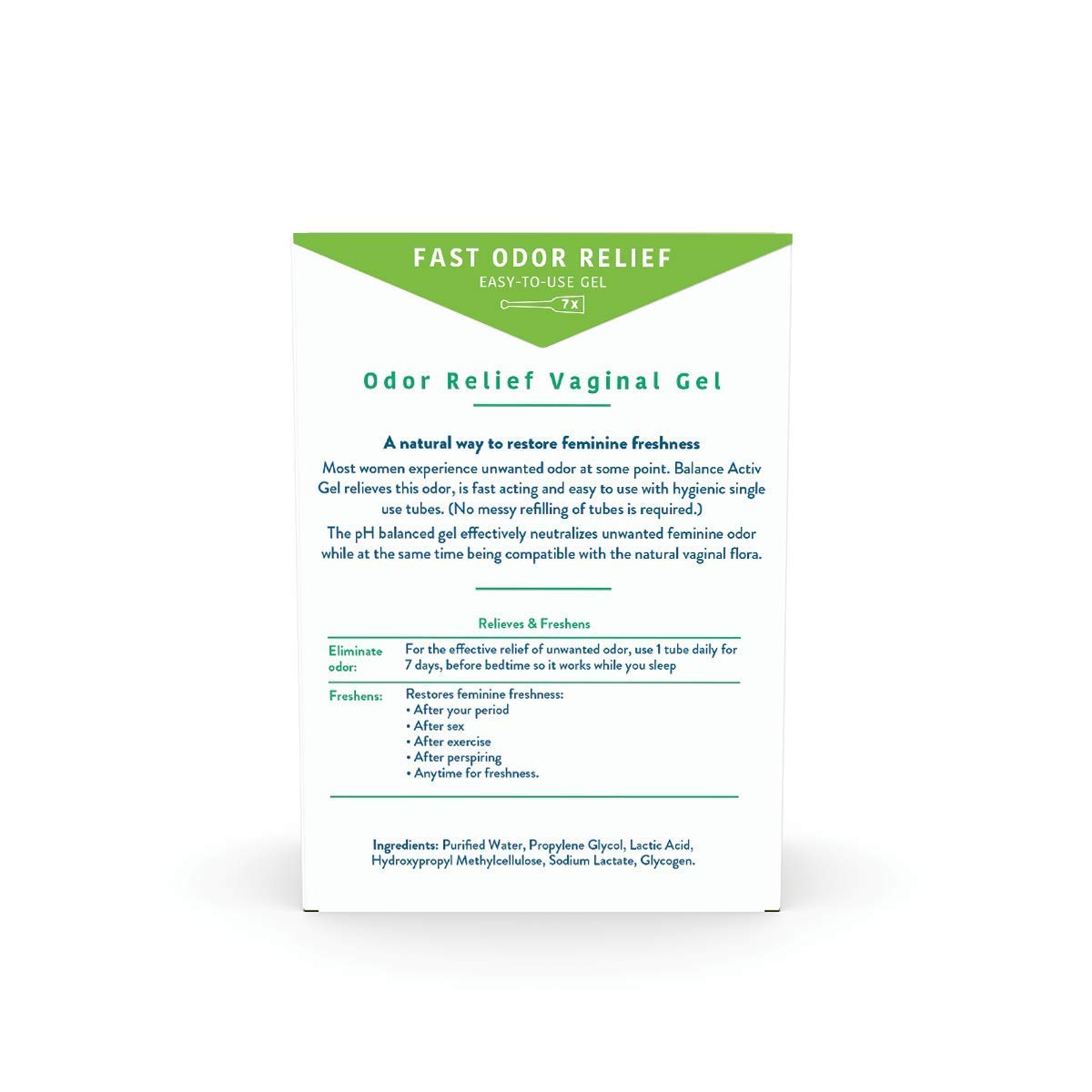 Balance Activ pH balanced vaginal odor relief gel retail packaging
