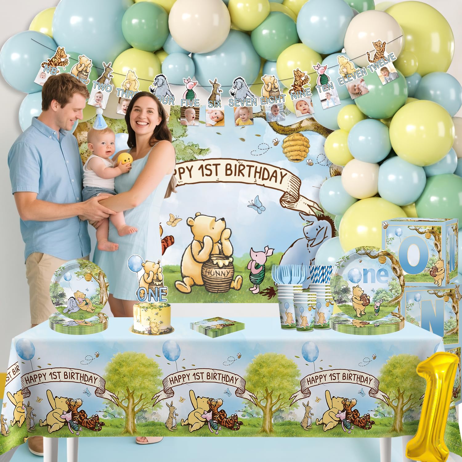 balloon boxes and assorted balloons for first birthday